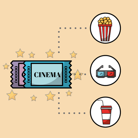 tickets coupon popcorn 3d glasses and soda cinema vector illustrationのイラスト素材