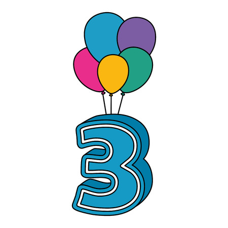 cute number three with balloons helium vector illustration designのイラスト素材