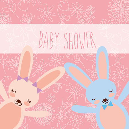 baby shower pink and blue bunnies greeting card vector illustrationのイラスト素材