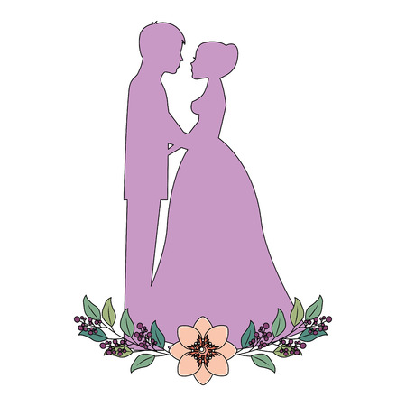 married couple silhouette with floral decoration vector illustration designのイラスト素材