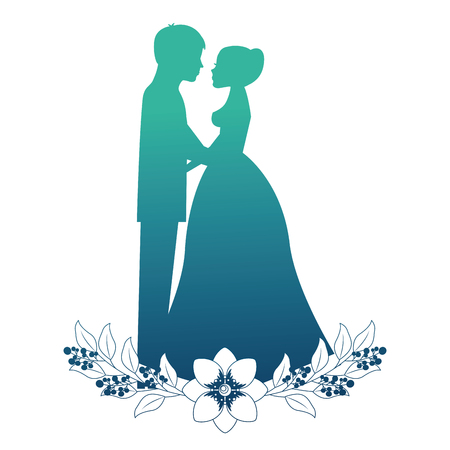 married couple silhouette with floral decoration vector illustration designのイラスト素材