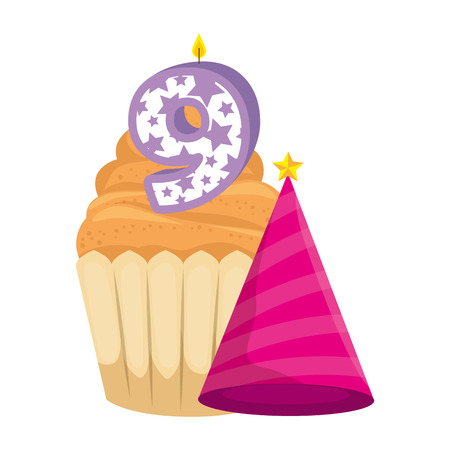 sweet cupcake with candle number nine and hat vector illustration designのイラスト素材