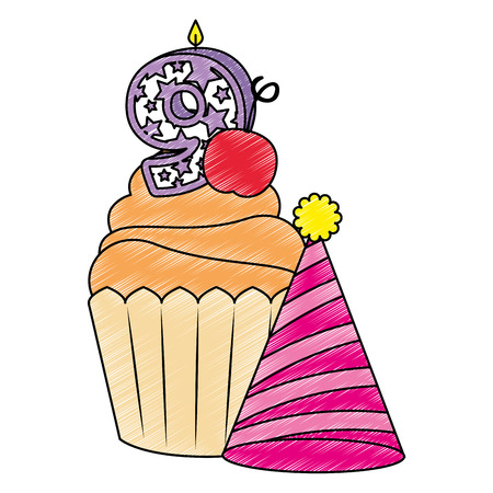 sweet cupcake with candle number nine and hat vector illustration designのイラスト素材