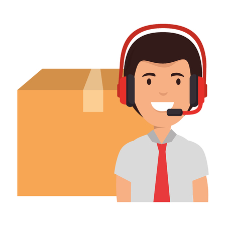 logistic worker with headset and box vector illustration designのイラスト素材