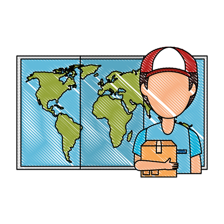 delivery worker with box and paper map vector illustration designのイラスト素材
