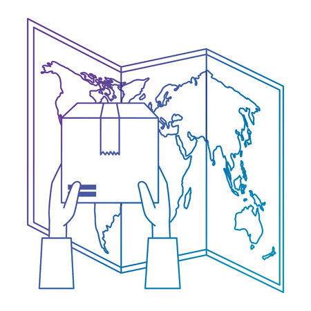 hands lifting box carton with paper map vector illustration designのイラスト素材