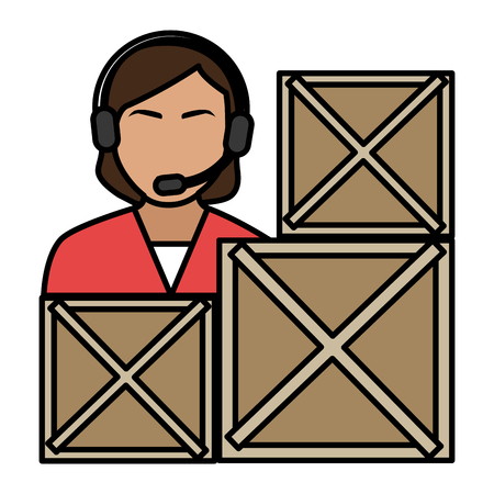 logistic woman worker with headset and boxes vector illustration designのイラスト素材