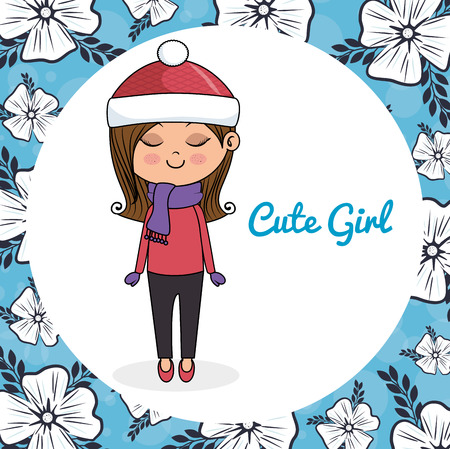 cute girl character with floral frame vector illustration designのイラスト素材