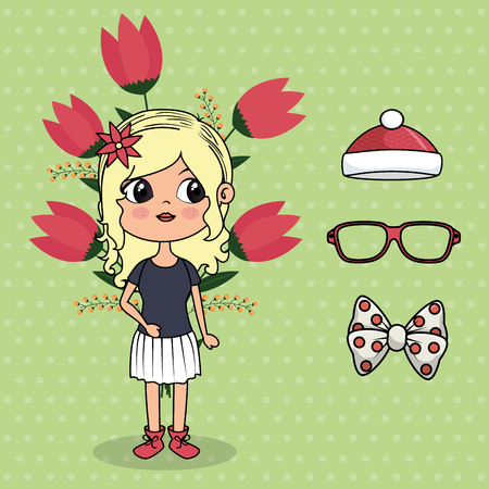 cute girl character with floral decoration and accessories vector illustrationのイラスト素材