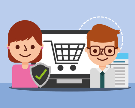 businessman agent woman laptop check mark shopping online vector illustrationのイラスト素材