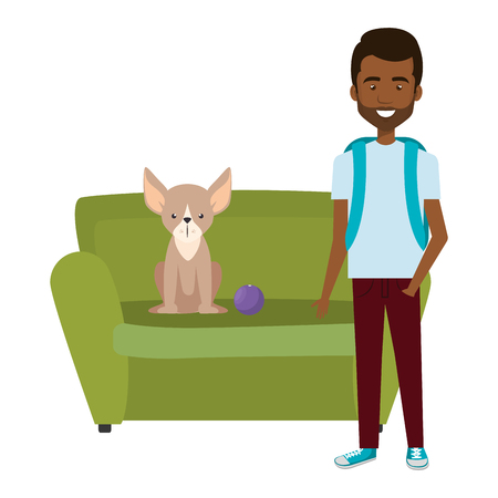 young man with dog in the sofa vector illustration designのイラスト素材