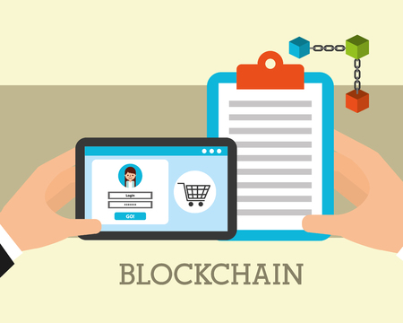 hands with device and clipboard blockchain exchange trade vector illustrationのイラスト素材