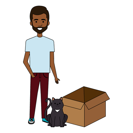 young man with cat in box vector illustration designのイラスト素材
