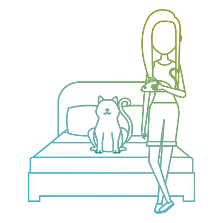 young woman with cat in the bedroom characters vector illustration designのイラスト素材