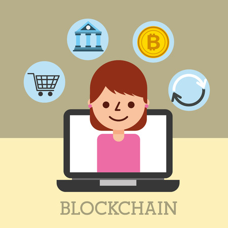 woman in laptop trade bitcoin cloud data shopping digital vector illustrationのイラスト素材