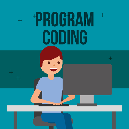 programmer work computer at desk program coding vector illustrationのイラスト素材