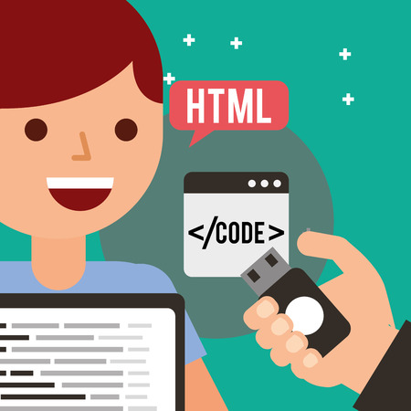 young man programmer with laptop usb code html vector illustrationのイラスト素材