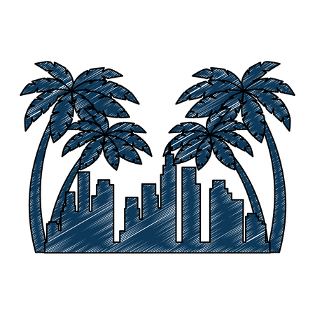 cityscape buildings with palms silhouette scene vector illustration designのイラスト素材