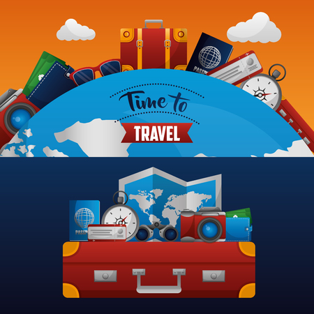 time to travel suitcase world map passport camera ticket vector illustrationのイラスト素材