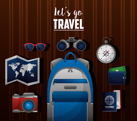 lets go travel backpack camera map passprt wallet sunglasses binoculars vector illustrationのイラスト素材