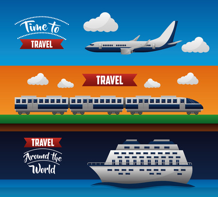 time to travel time vacations airplane train cruise ship vector illustrationのイラスト素材