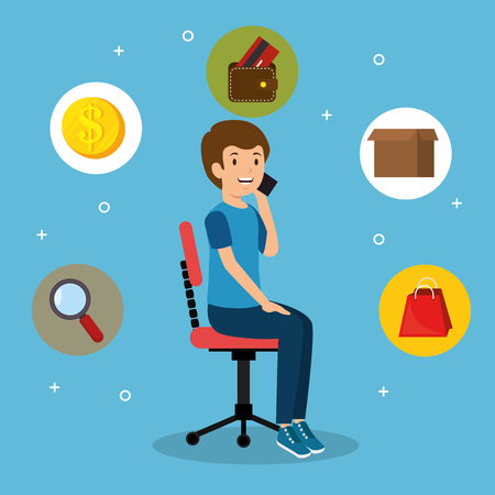 young man in the office chair with set business icons vector illustration designのイラスト素材