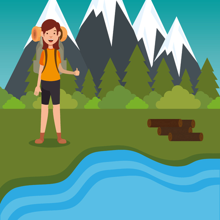 young woman scout in the camping zone scene vector illustration designのイラスト素材