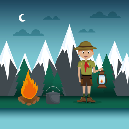 young scout in the camping zone scene vector illustration designのイラスト素材