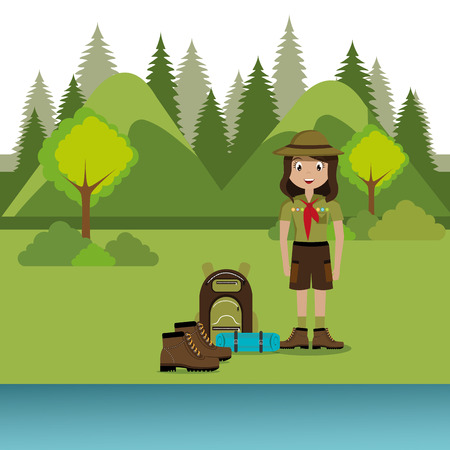 young woman scout in the camping zone scene vector illustration designのイラスト素材