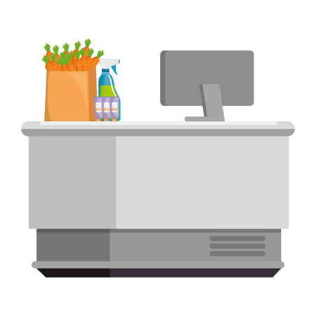 supermarket point of sale desk with computer and products vector illustrationのイラスト素材