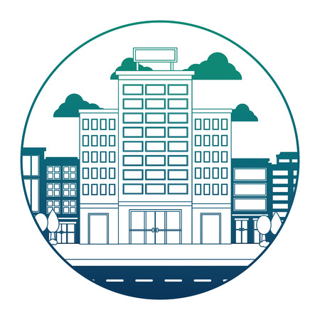 hotel buildings accommodation trees street vector illustration neon designのイラスト素材