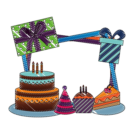 birthday cake party hat gift boxes and frame decoration vector illustration drawingのイラスト素材