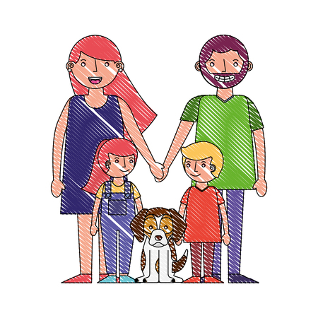 happy family mom dad son daughter and dog mascot vector illustration drawingのイラスト素材