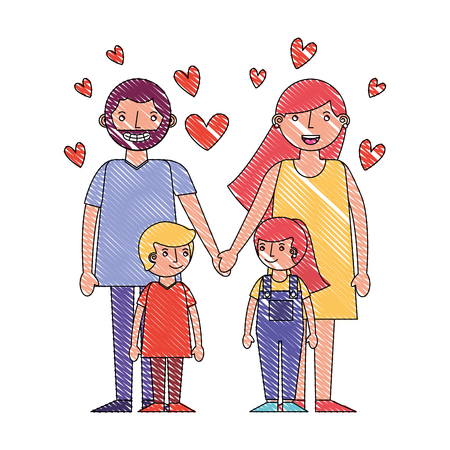 family parents holding hands and son daughter hearts love vector illustration drawingのイラスト素材