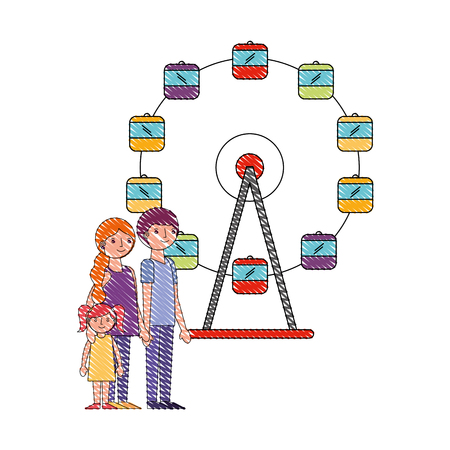 family parents and daughter in ferris wheel park vector illustration drawingのイラスト素材