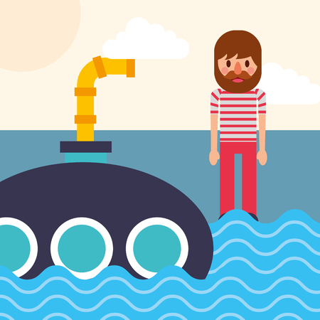 nautical maritime design cute pirate watching submarine in sea vector illustrationのイラスト素材
