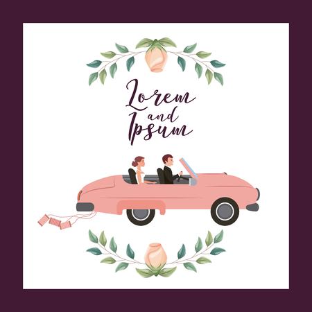 wedding card bride and groom in the car frame flowers vector illustrationのイラスト素材