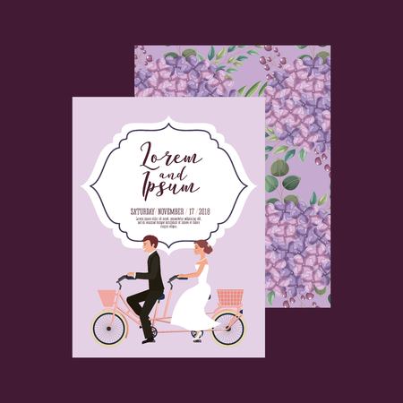 wedding card groom and bride riding tandem bike love flowers background vector illustrationのイラスト素材