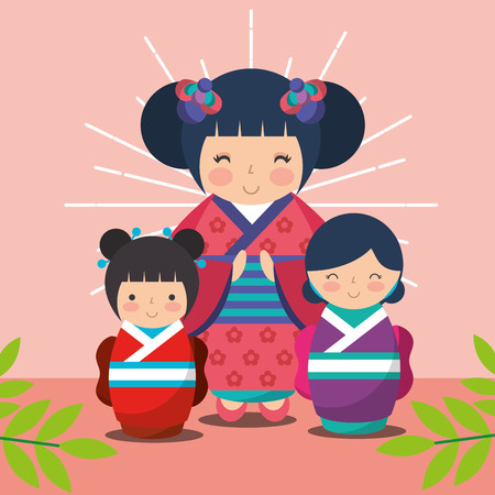 japanese kokeshi dolls kimono plants sunburst grunge style vector illustrationのイラスト素材