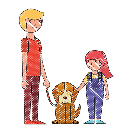 dad and daughter with her dog pet vector illustrationのイラスト素材