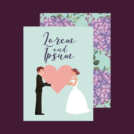 wedding card groom and bride with heart love flowers background vector illustrationのイラスト素材