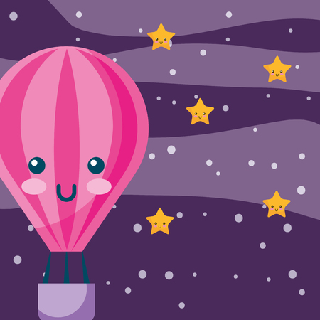 hot air balloon cartoon flying in sky night stars weather vector illustrationのイラスト素材