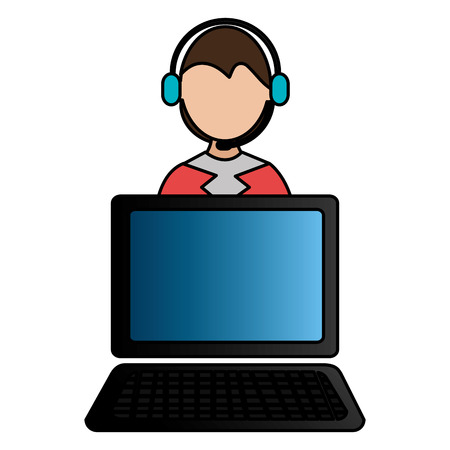 worker with headset and laptop vector illustration designのイラスト素材