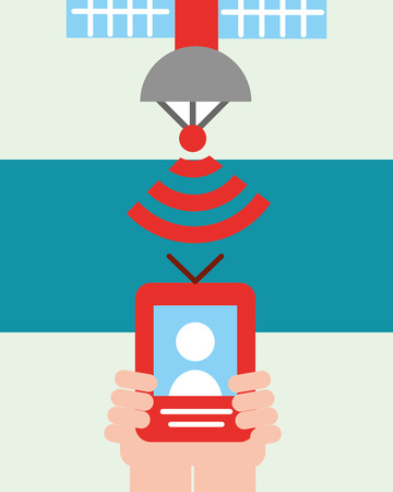 news communication relate satelite signal hands holding technology screen perfile vector illustrationのイラスト素材