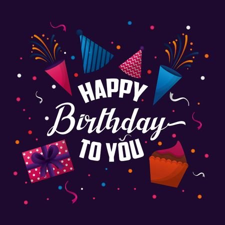happy birthday card confetti colorshats gift box cake vector illustrationのイラスト素材