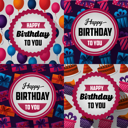 happy birthday card collorful banner stickers sign birth to you happy day balloons gifts cakes vector illustrationのイラスト素材