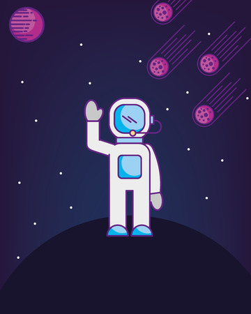 space galaxy cosmic card astronaut greeting on planet meteorites falling down vector illustrationのイラスト素材