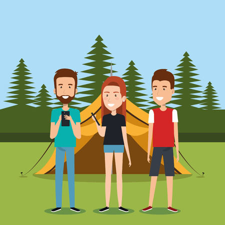 friends with smartphones in the camping zone vector illustration designのイラスト素材