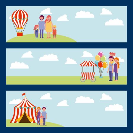 banners family with hot air balloon food car circus fun day vector illustrationのイラスト素材