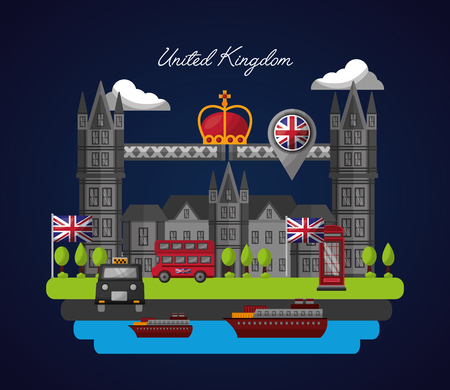 united kingdom country flag sea boat city crown queen location taxi castle trees brigde vector illustrationのイラスト素材